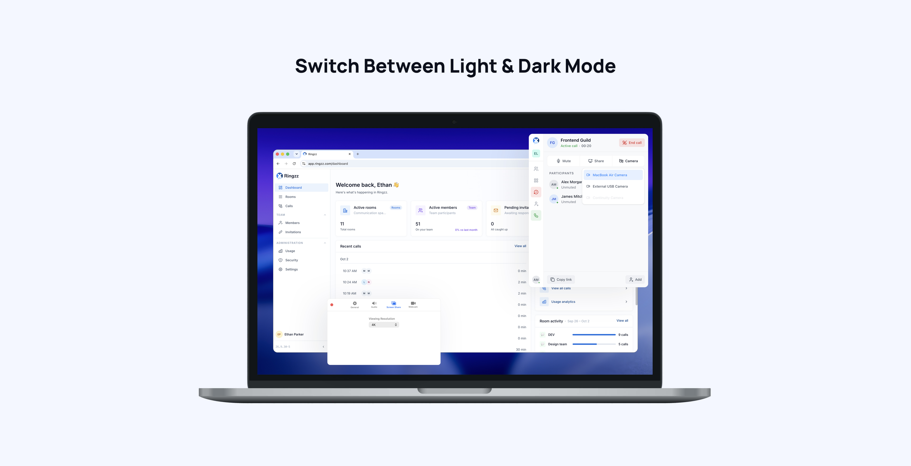 Ringzz dashboard and call controls in light mode