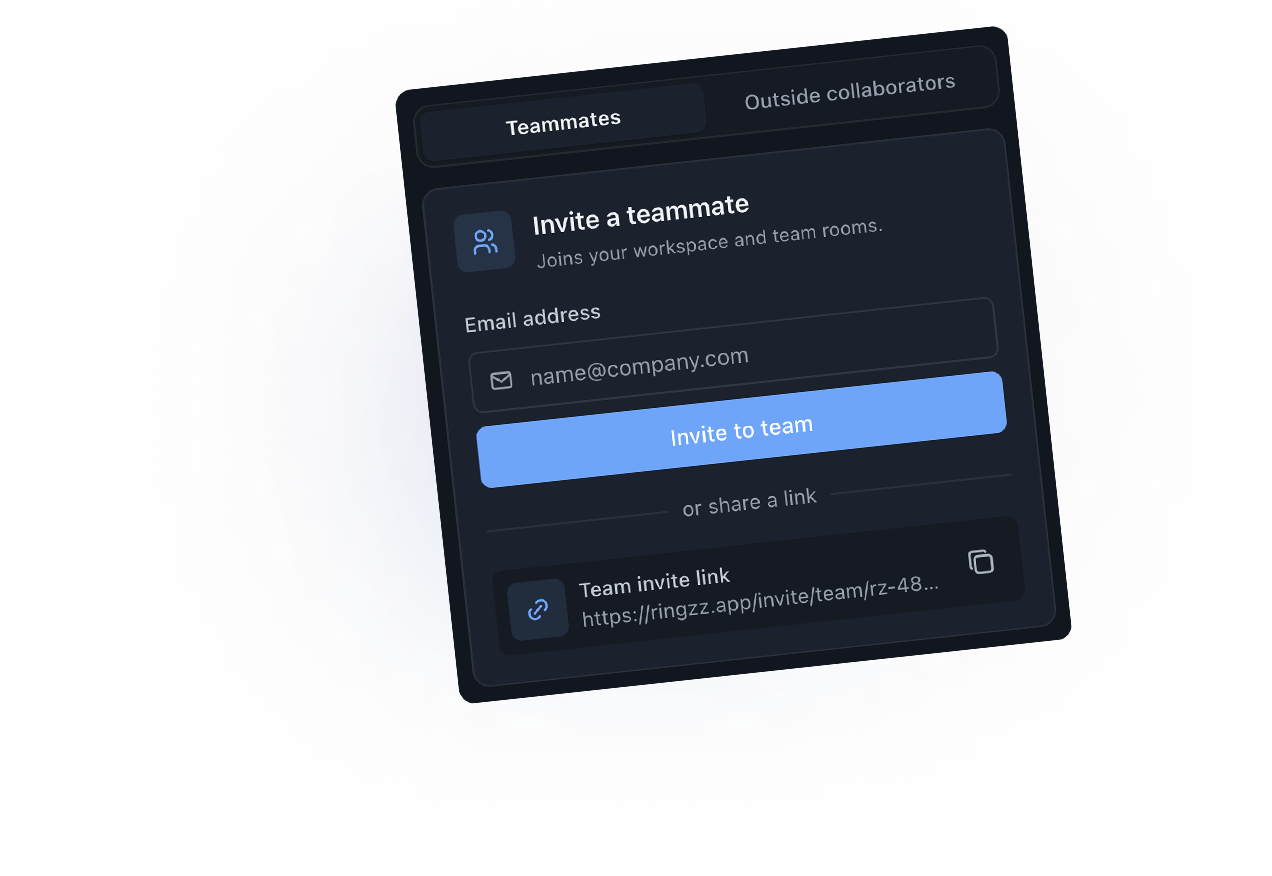 Invite teammates or outside collaborators by email or invitation link