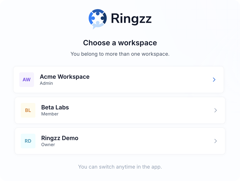 Choose a Ringzz workspace in light mode